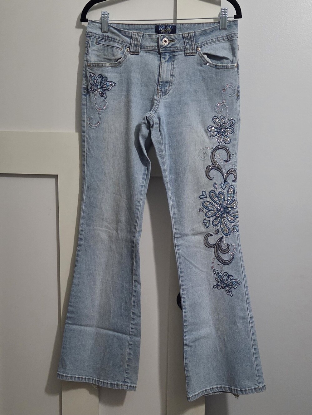 Angels Light Blue Embroidered Flare Jeans